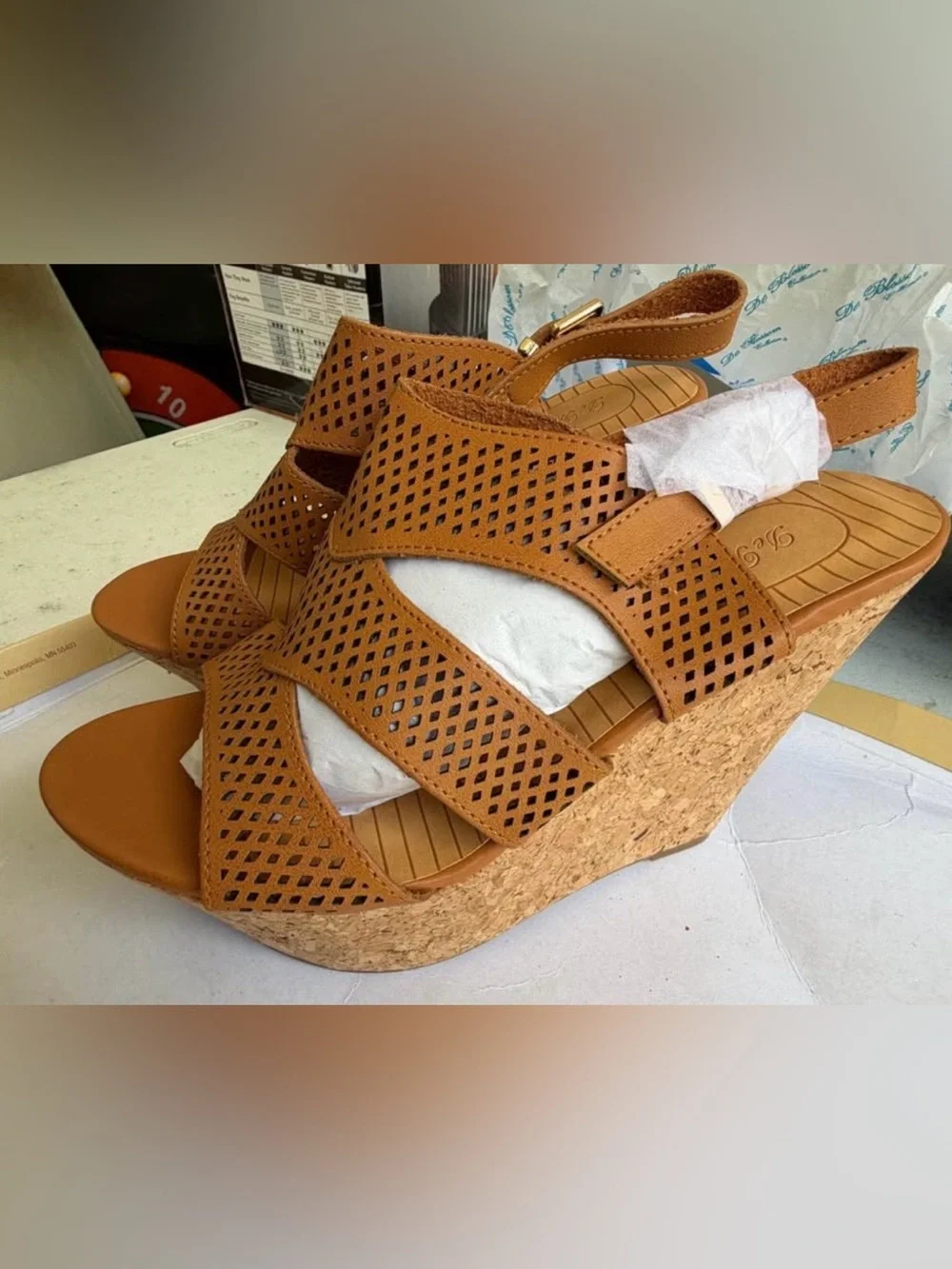 Women's Tan Perforated Wedge Sandals - Picture 1 of 6